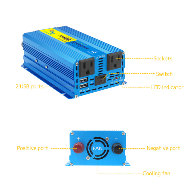 LVYUAN 1000W Pure Sine Wave Power Inverter 12V to 110V DC to AC Converter with Dual USB Ports and Dual Outlets for Car RV Truck Home Solar