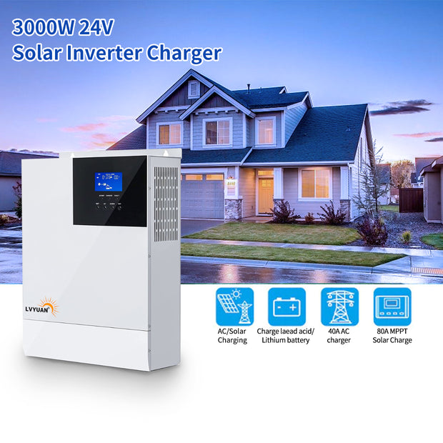 LVYUAN All-in-one Solar Hybrid Charger Inverter Built in 3000W 24V Pure Sine Wave Power Inverter and 80A MPPT Solar Controller for Off-Grid System
