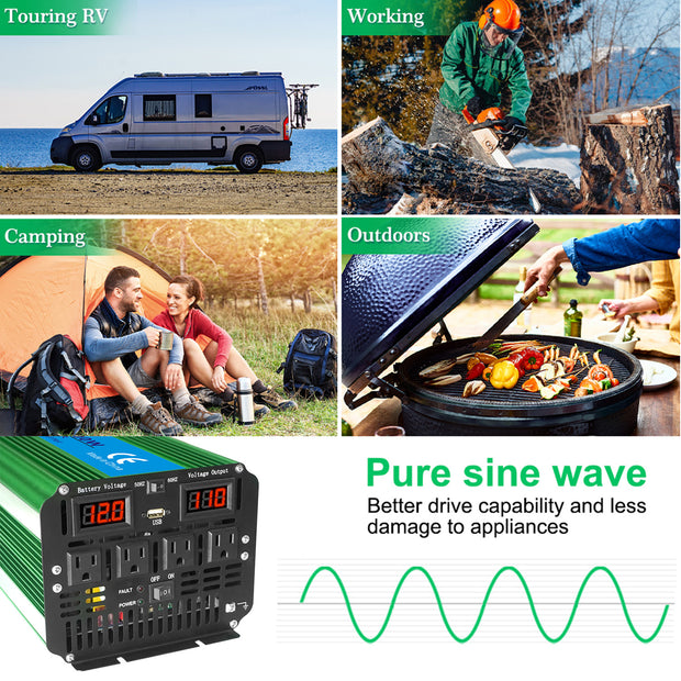 LVYUAN Pure Sine Wave 4000W Power Inverter 12V to 110V (Peak) 8000W Converter with 4 sockets,LED Display,Remote Control and USB Port for Car,RV, Truck,Road Trip Essentials,Emergency