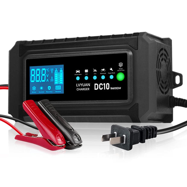 12V/10A 24V/5A Car Battery Charger, Battery Maintainer with LCD Display,  Fully-Auto Smart Pulse Repair Charger, Maintainer Trickle Charger for Car