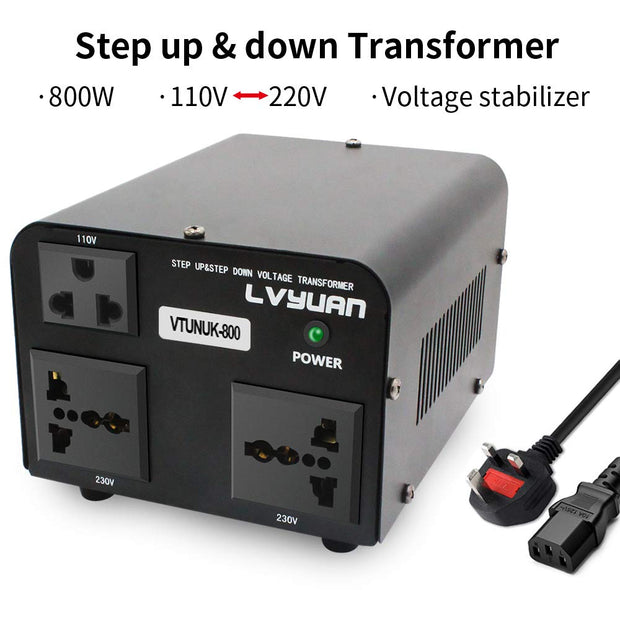 LVYUAN 800VA 220V ⇄ 110V STEP UP & STEP DOWN VOLTAGE TRANSFORMER CONVERTER UK TO US & US TO UK DUAL 110V & 220V OUTLETS