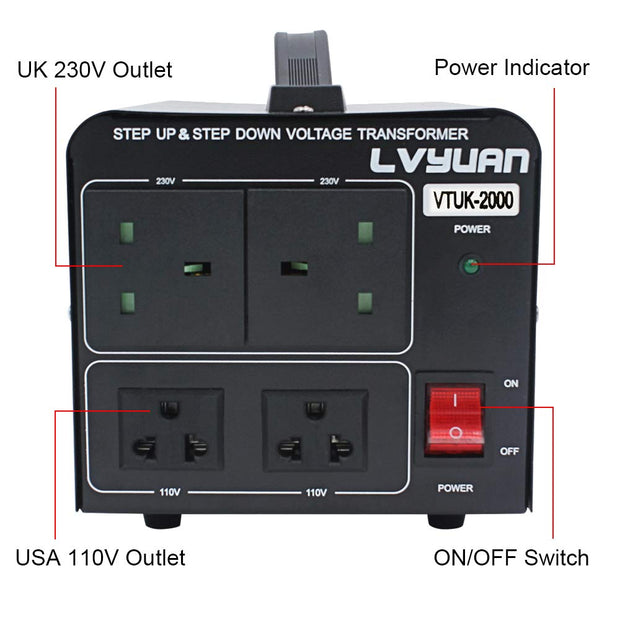 LVYUAN VOLTAGE CONVERTER 2000W STEP UP STEP DOWN UK TO US TRANSFORMER WITH 2 US & 2 UK OUTLETS FOR 220V-110V & 110V-220V