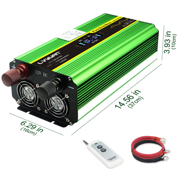 LVYUAN Pure Sine Wave Inverter 2000 Watt Inverter 12V to 110V DC to AC with Remote Controller, LCD Display 4 AC Sockets and 4 USB Ports Green
