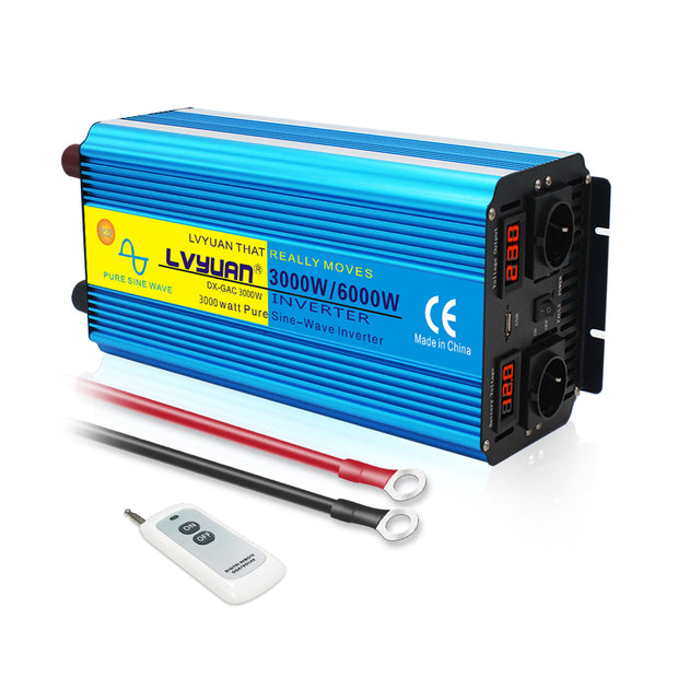3000W Pure Sine Wave Power Inverter DC 12V to AC 230V with 2 LCD Display  with Remote Control For RVs & Campers For Europe – LVYUAN