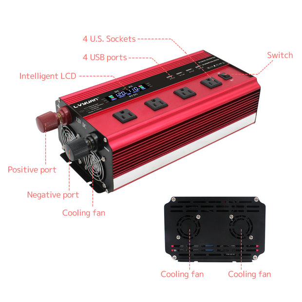 LVYUAN Power Inverter 2000W for Car DC 12V to 110V AC Car Inverter with Remote Control, LCD Display, 4 Outlets, 3.1A Dual USB Car Adapter