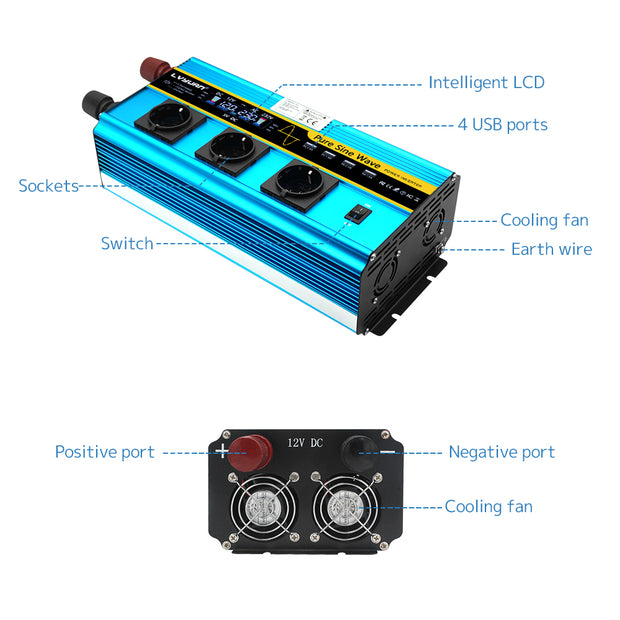3000W Pure Sine Wave Inverter DC 12V to AC 110V with Remote Controller, LCD  Display DC to AC Converter For RVs & Campers For USA – LVYUAN