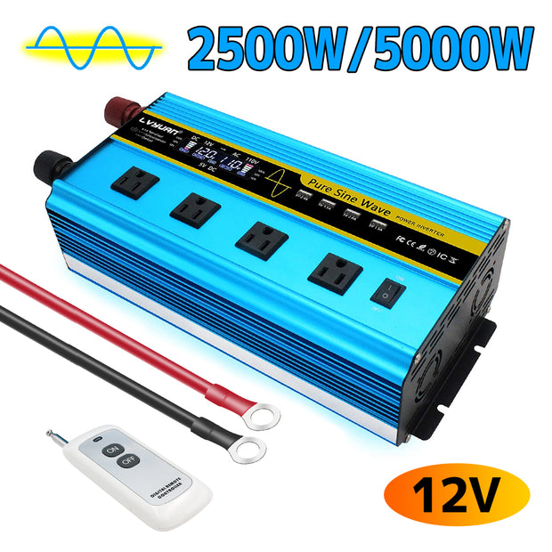 LVYUAN Pure Sine Wave Inverter 3000 Watt Inverter 12V to 110V DC to AC with  Remote Controller, LCD Display 4 AC Sockets and 4 USB Ports for Car Truck