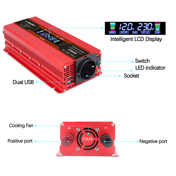 LVYUAN 1000W Power Inverter DC 12V to AC 230V with LCD Display