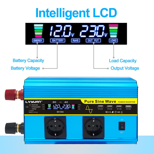 LVYUAN 2000W /4000W Pure Sine Wave Voltage Converter 12V 230V with LCD Power inverter