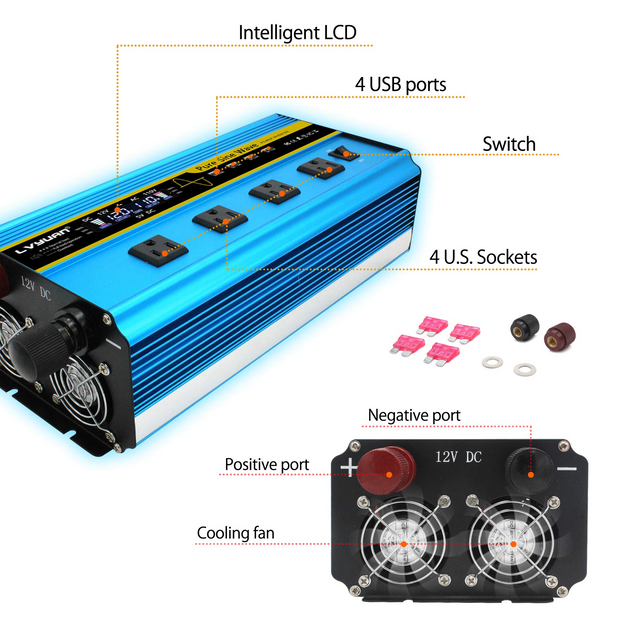LVYUAN 1500W/3000W Power Inverter Dual AC Outlets and Dual USB Charging Ports DC 12V to 110V AC Car 12V Inverter Converter with Digital Display 4